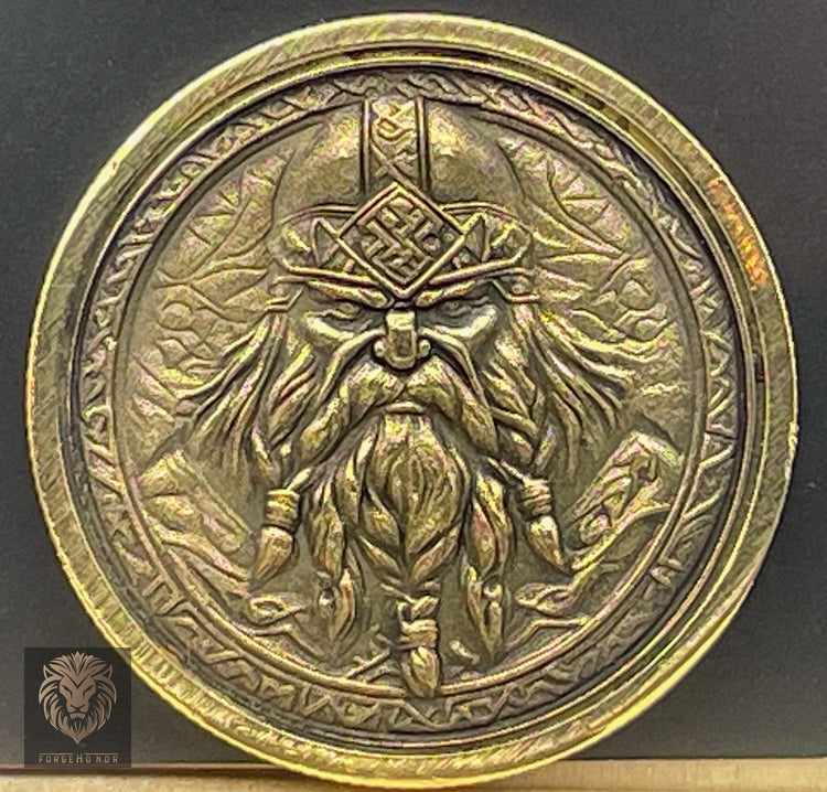 Detailed brass fantasy challenge coin photographed as an example of Forge Honor custom metalwork