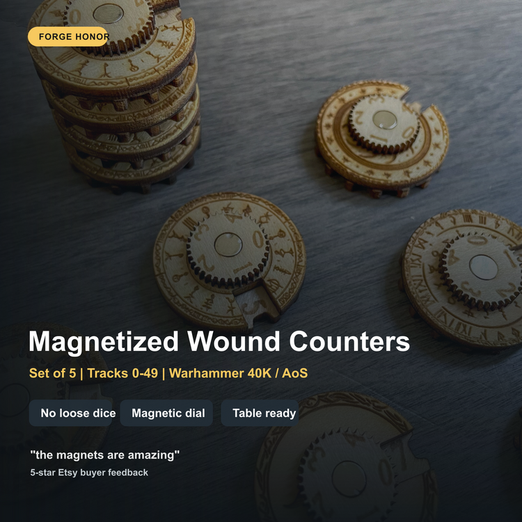 Forge Honor wargaming starter kit with wound counters, objective markers, and measuring gauges