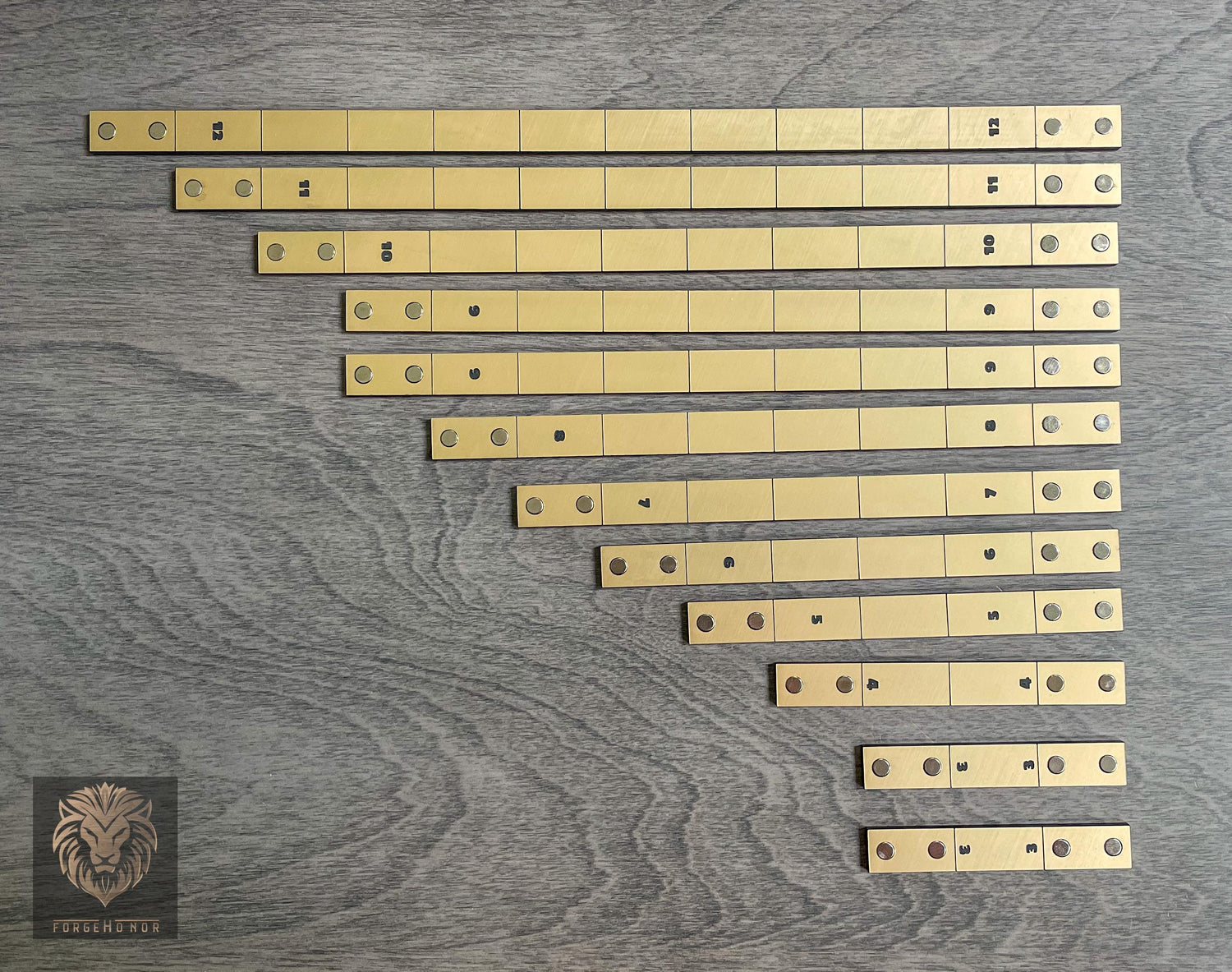 Full set of modular magnetic Forge Honor measuring gauges arranged by length