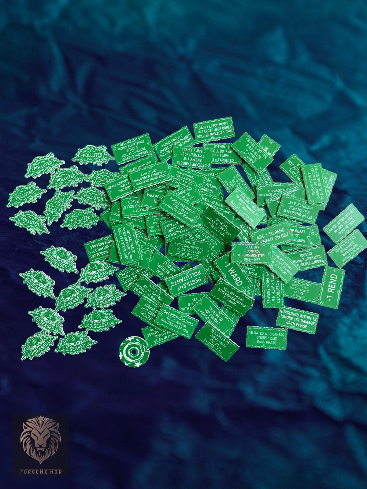 Large custom set of green laser-engraved Nurgle gaming tokens made by Forge Honor