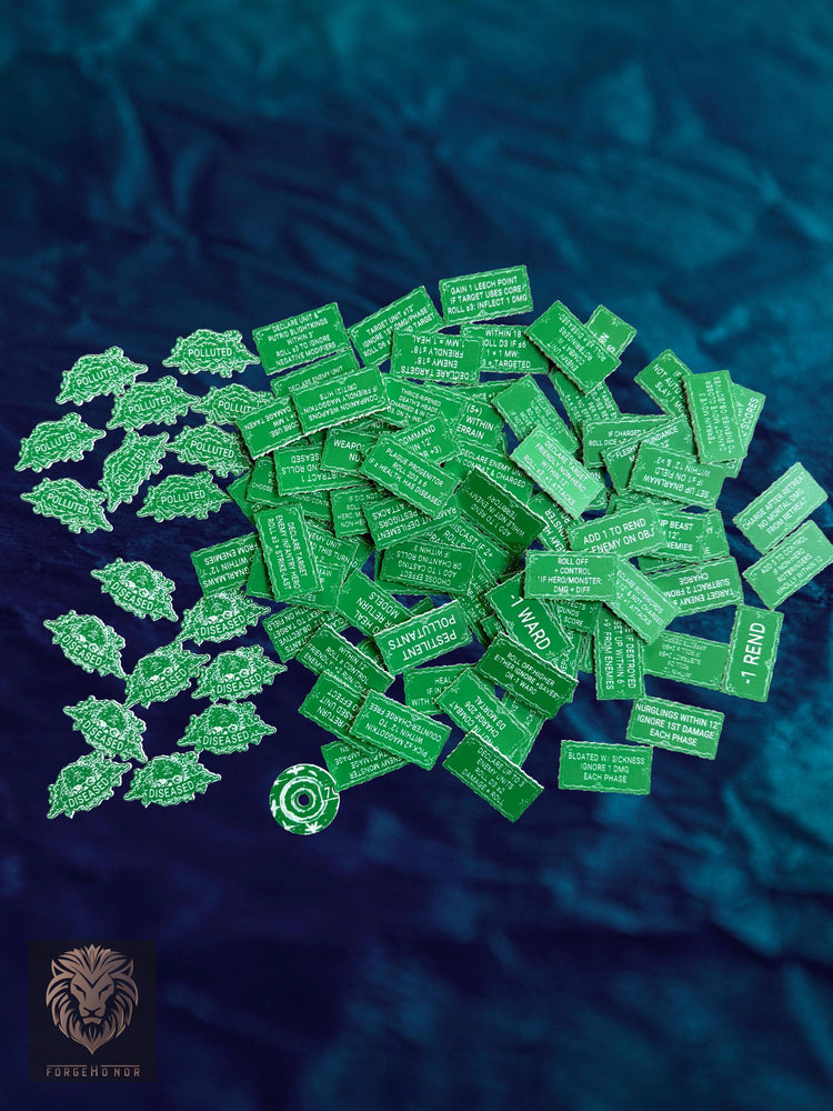 Large custom set of green laser-engraved Nurgle gaming tokens made by Forge Honor