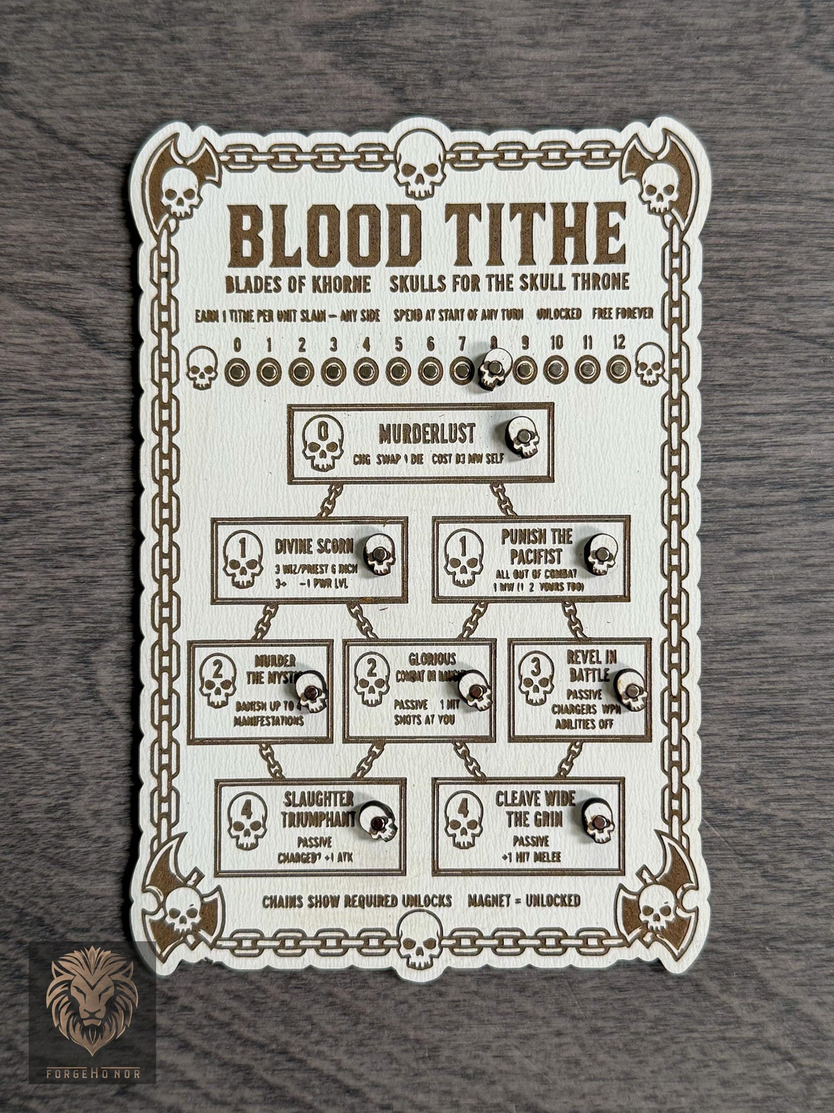 Detailed laser-engraved Khorne Blood Tithe tracker made by Forge Honor