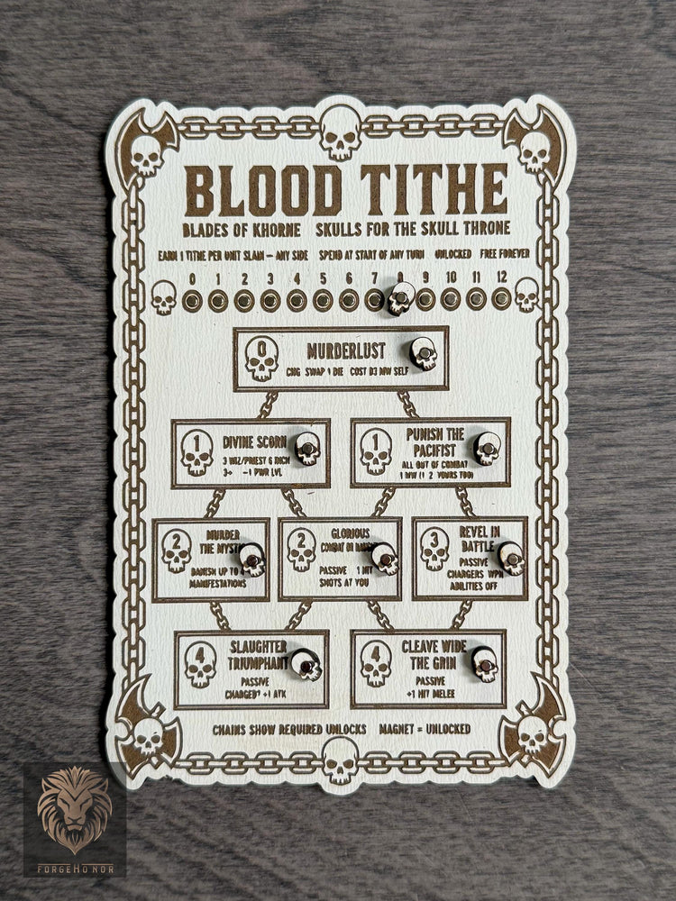 Detailed laser-engraved Khorne Blood Tithe tracker made by Forge Honor